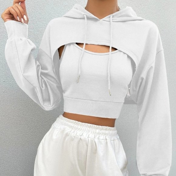 . Tops - White Preppy Womens Drop Shoulder Drawstring Super Crop Hoodie & Top